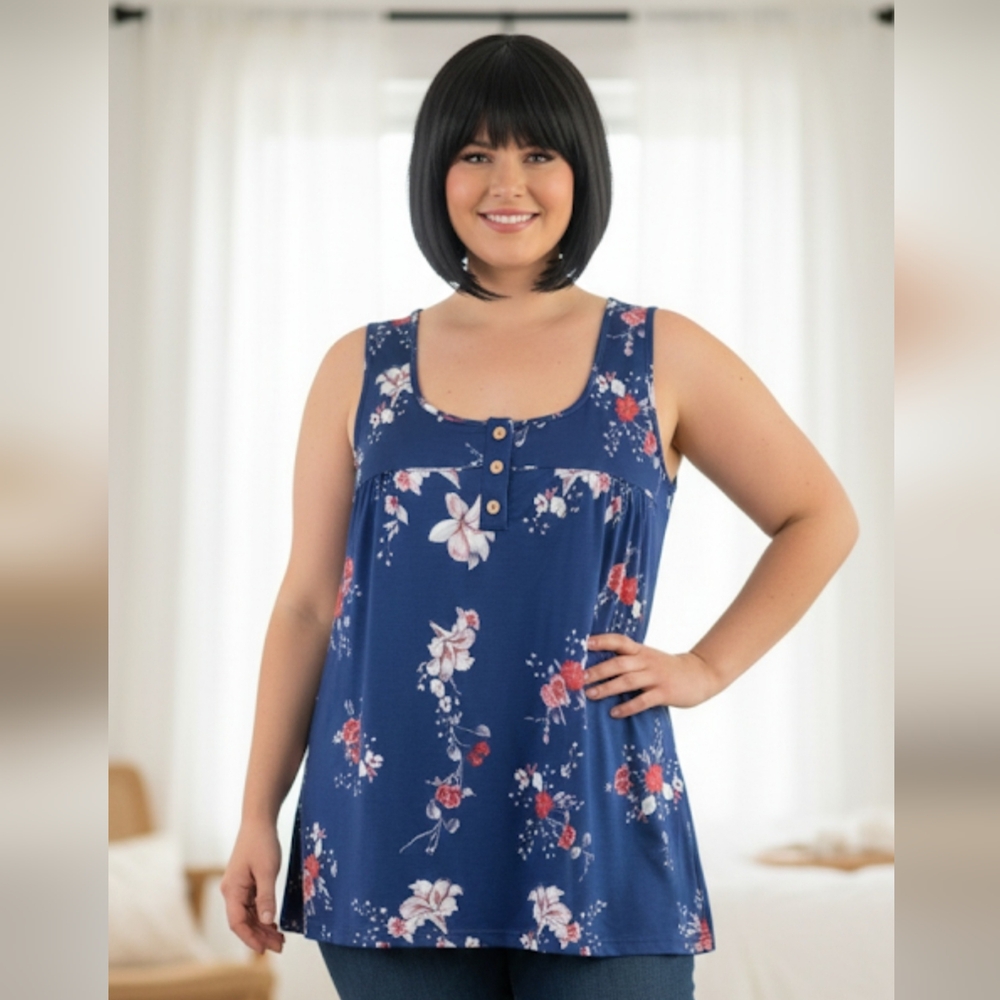 Navy Blue Sleeveless Boho Floral Babydoll Tunic Top, Plus Size 3X